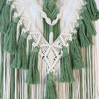 Boho sage green & white macrame tassel stick wall hanging bedroom art