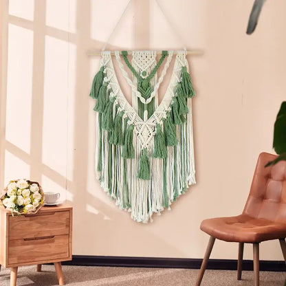 Boho sage green & white macrame tassel stick wall hanging bedroom art