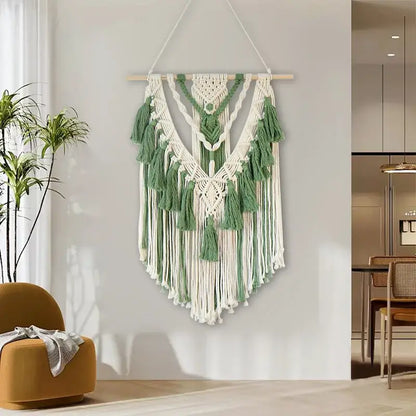 Boho sage green & white macrame tassel stick wall hanging bedroom art
