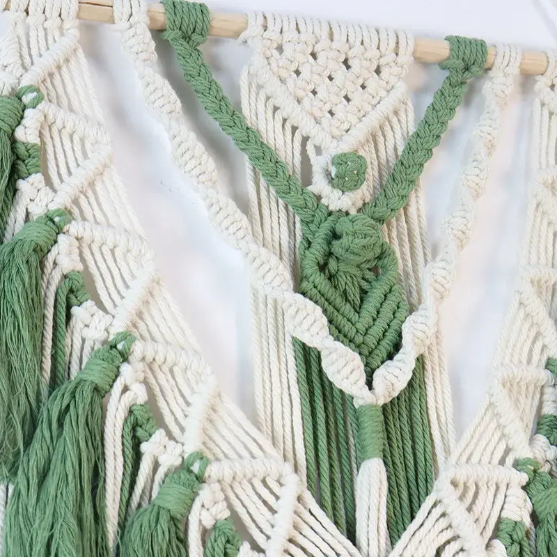 Boho sage green & white macrame tassel stick wall hanging bedroom art