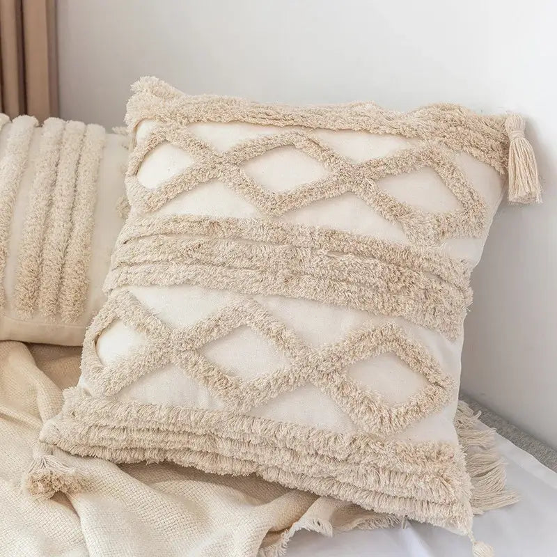 Boho square pillowcase with white zigzag and teal tassels living room