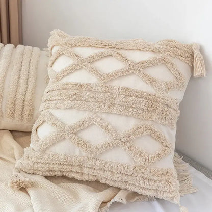 Boho square pillowcase with white zigzag and teal tassels living room