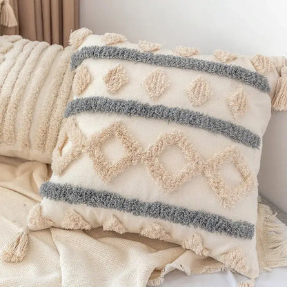 Boho square pillowcase with white zigzag and teal tassels living room