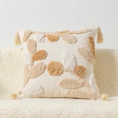 Boho square pillowcase with white zigzag and teal tassels living room