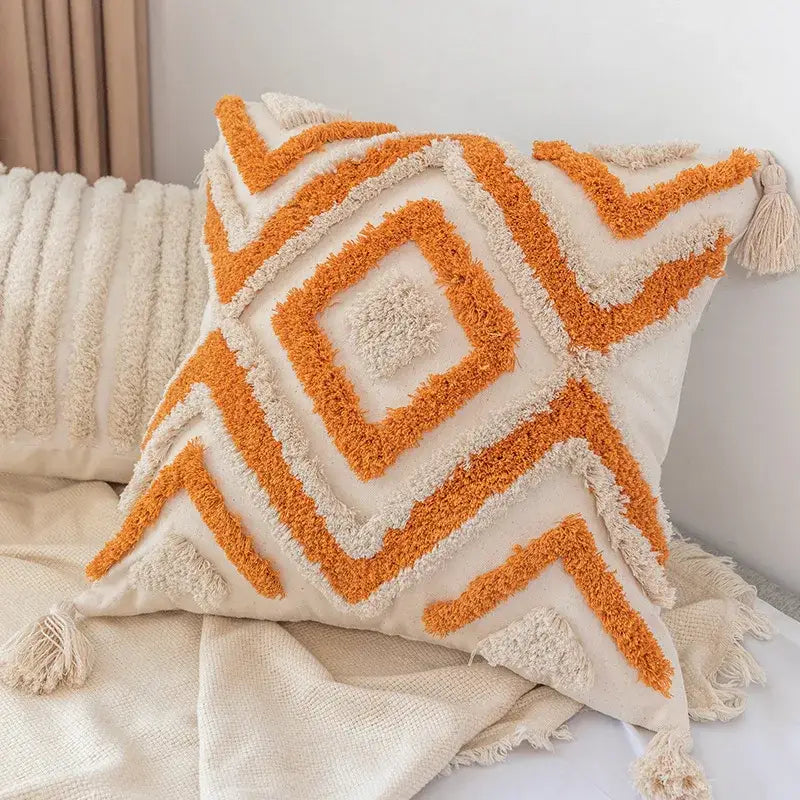 Boho square pillowcase with white zigzag and teal tassels living room