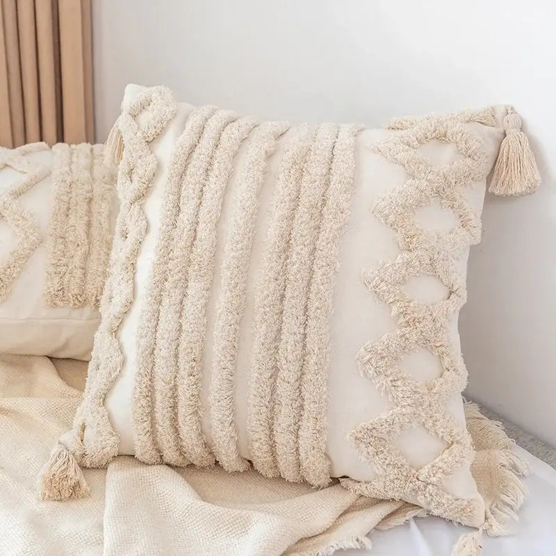 Boho square pillowcase with white zigzag and teal tassels living room