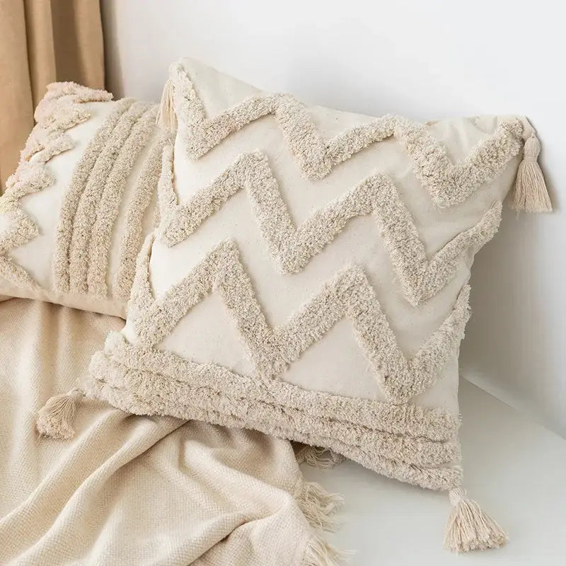 Boho square pillowcase with white zigzag and teal tassels living room