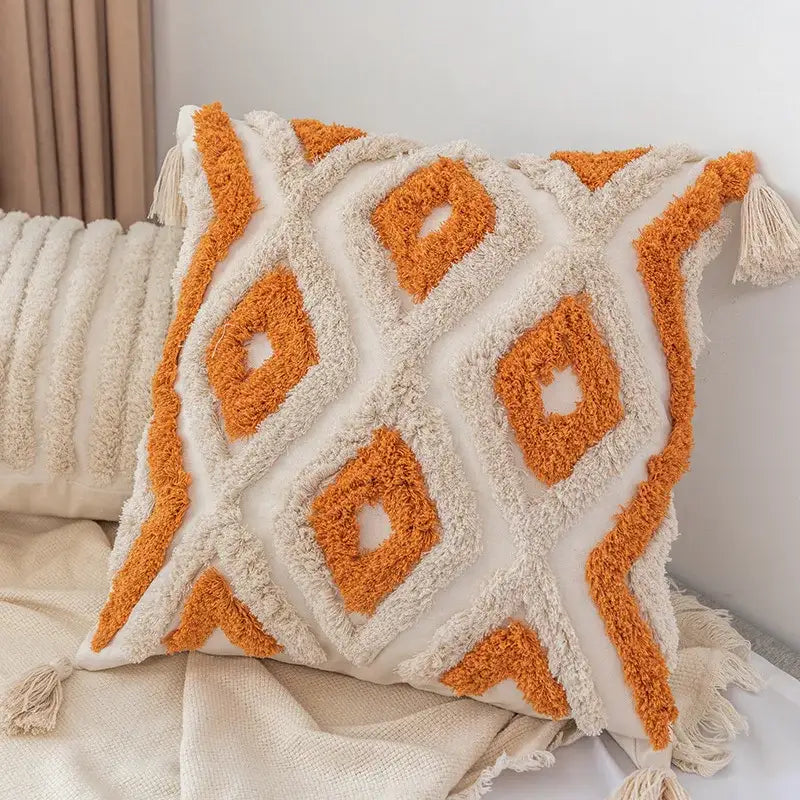 Boho square pillowcase with white zigzag and teal tassels living room