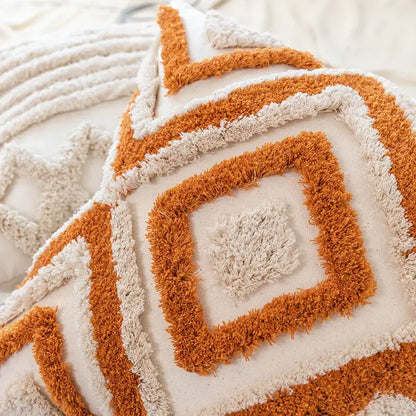 Boho square pillowcase with white zigzag and teal tassels living room