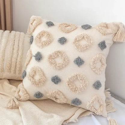 Boho square pillowcase with white zigzag and teal tassels living room