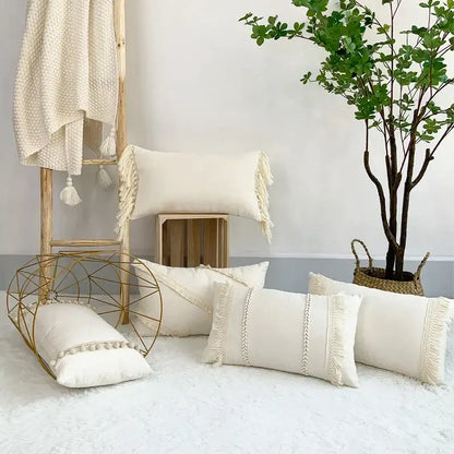 Boho style beige linen cushion cover with tassels living room decor