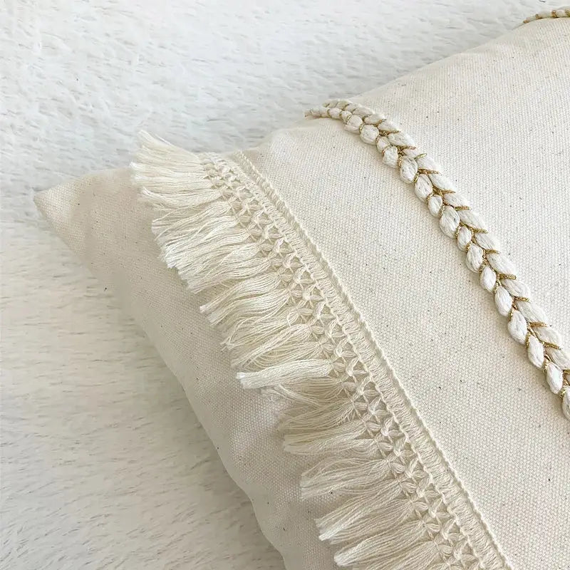Boho style beige linen cushion cover with tassels living room decor