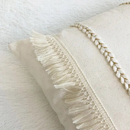 Boho style beige linen cushion cover with tassels living room decor