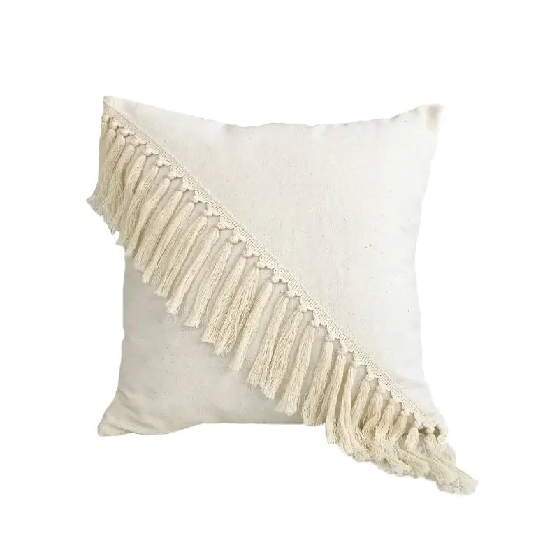 Boho style beige linen cushion cover with tassels living room decor