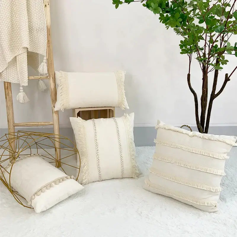 Boho style beige linen cushion cover with tassels living room decor