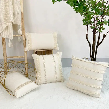 Boho style beige linen cushion cover with tassels living room decor