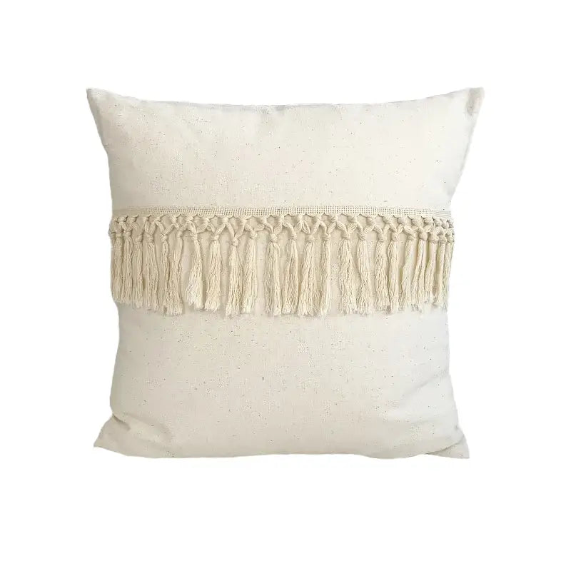 Boho style beige linen cushion cover with tassels living room decor