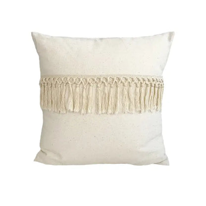 Boho style beige linen cushion cover with tassels living room decor