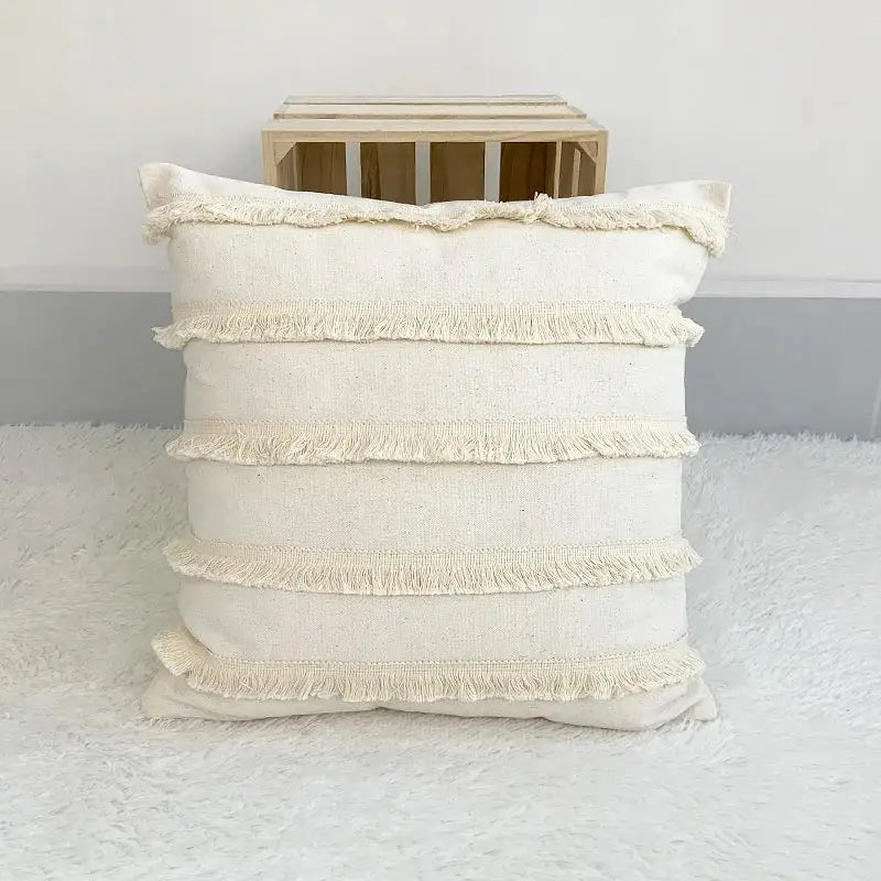 Boho style beige linen cushion cover with tassels living room decor