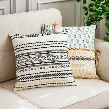 Boho style cotton embroidered pillow cover cream & mustard living room