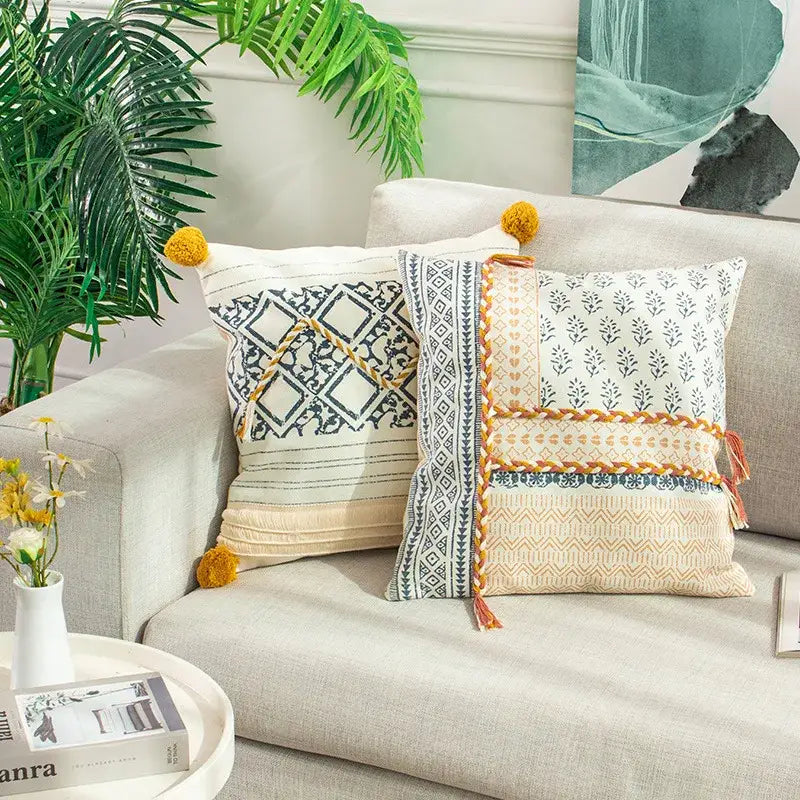 Boho style cotton embroidered pillow cover cream & mustard living room