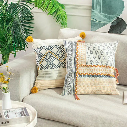Boho style cotton embroidered pillow cover cream & mustard living room