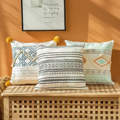 Boho style cotton embroidered pillow cover cream & mustard living room