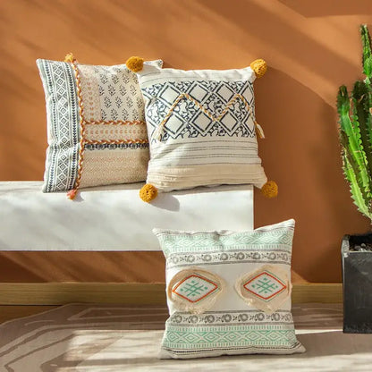 Boho style cotton embroidered pillow cover cream & mustard living room