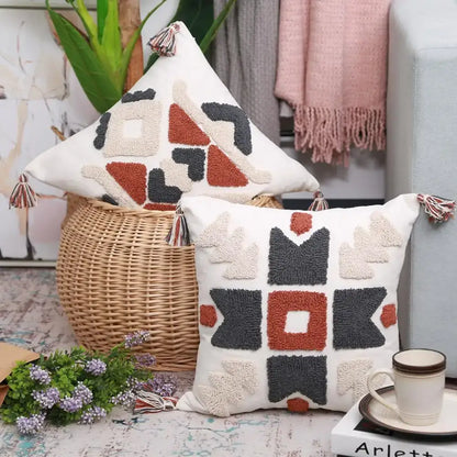 Boho style embroidered pillow cover cream & rust living room decor