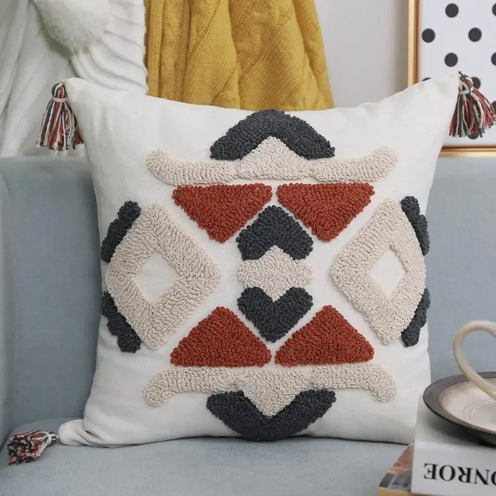 Boho style embroidered pillow cover cream & rust living room decor