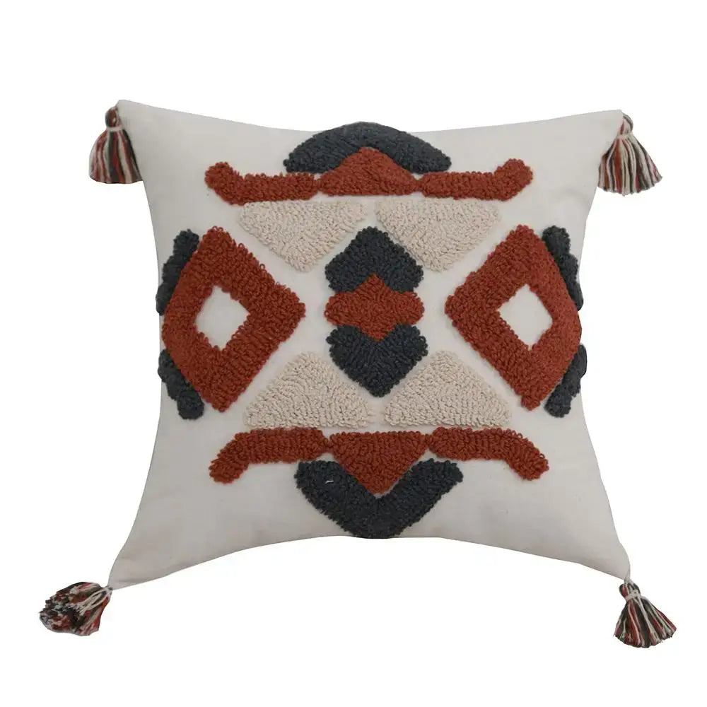 Boho style embroidered pillow cover cream & rust living room decor