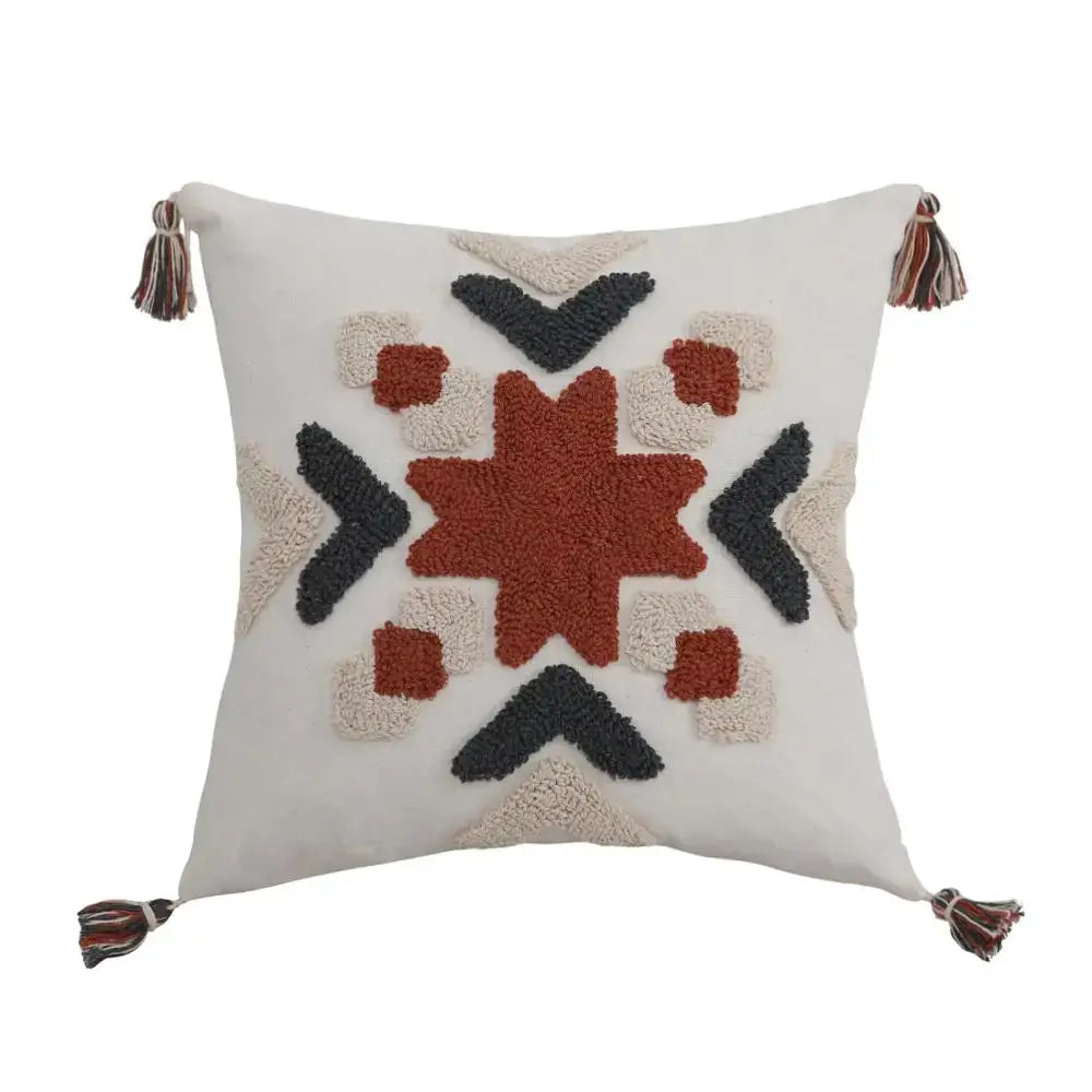 Boho style embroidered pillow cover cream & rust living room decor