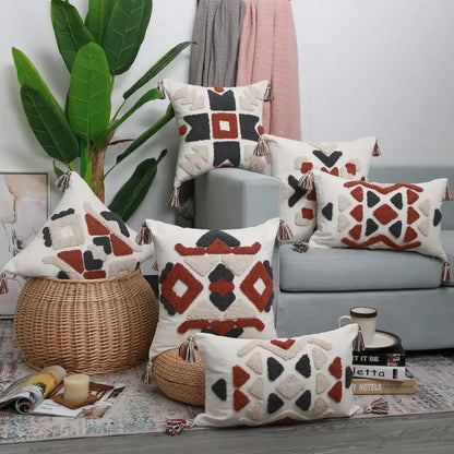 Boho style embroidered pillow cover cream & rust living room decor