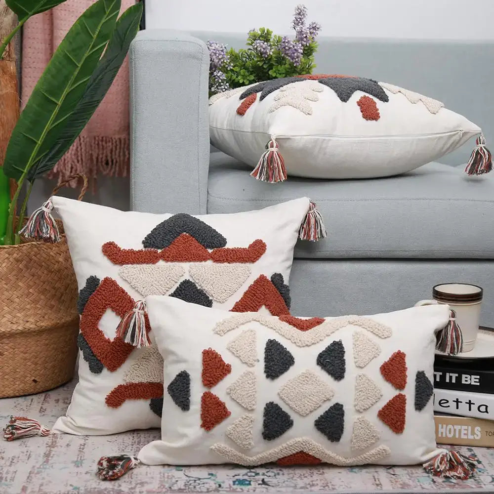 Boho style embroidered pillow cover cream & rust living room decor