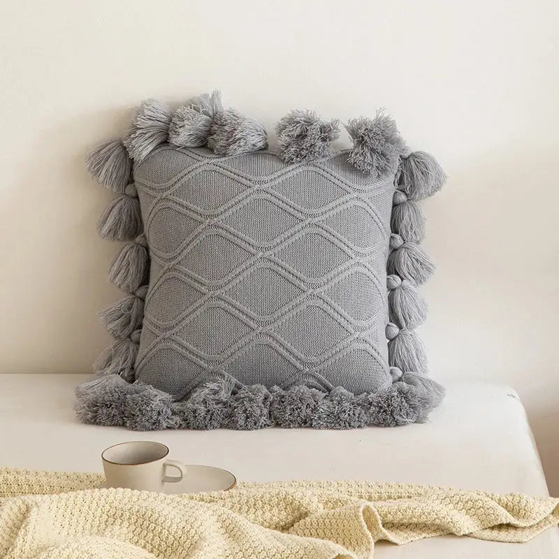Boho style ivory & pastel cushion cover living room tassel pillow