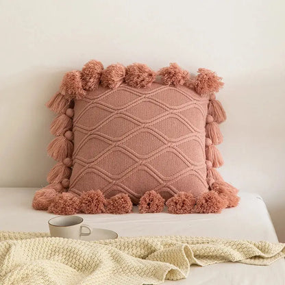 Boho style ivory & pastel cushion cover living room tassel pillow