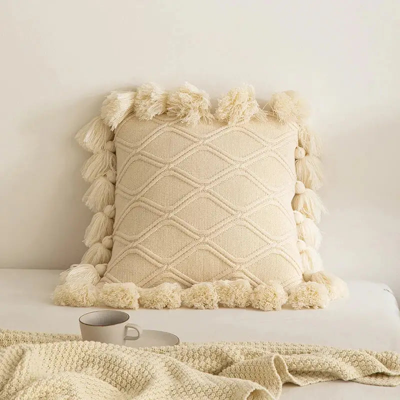 Boho style ivory & pastel cushion cover living room tassel pillow