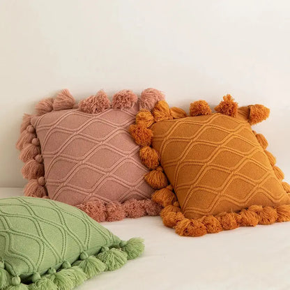 Boho style ivory & pastel cushion cover living room tassel pillow