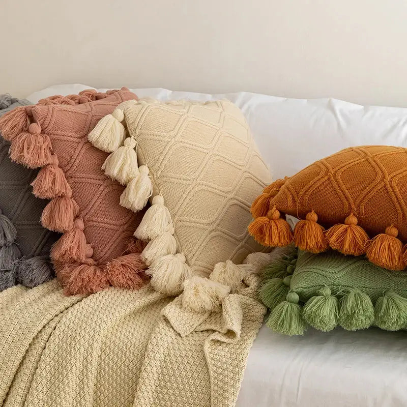 Boho style ivory & pastel cushion cover living room tassel pillow