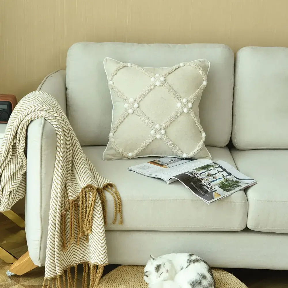 Boho style ivory pom pom cushion cover living room decor