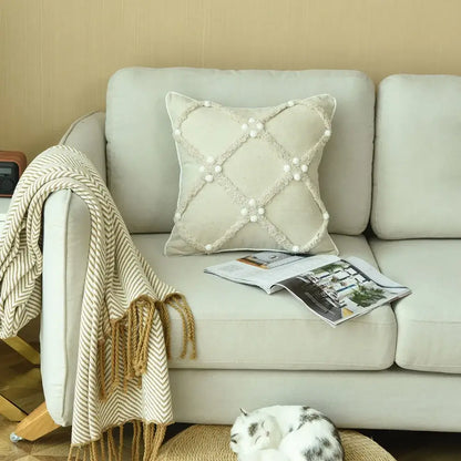 Boho style ivory pom pom cushion cover living room decor