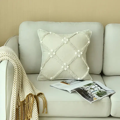 Boho style ivory pom pom cushion cover living room decor