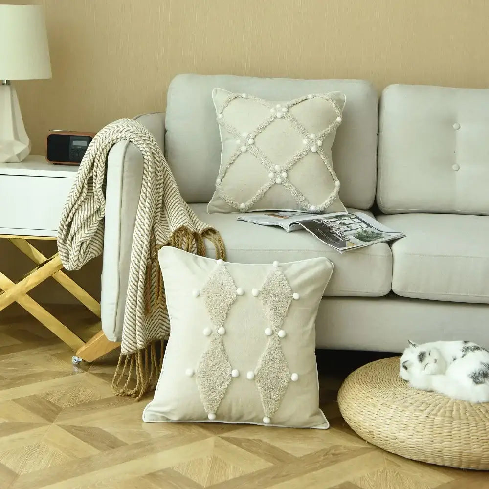 Boho style ivory pom pom cushion cover living room decor