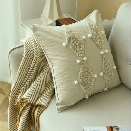 Boho style ivory pom pom cushion cover living room decor