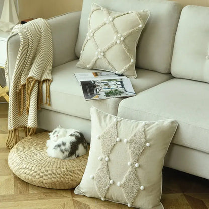 Boho style ivory pom pom cushion cover living room decor