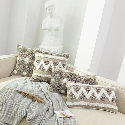 Boho style tufted beige & brown cushion cover living room pillow