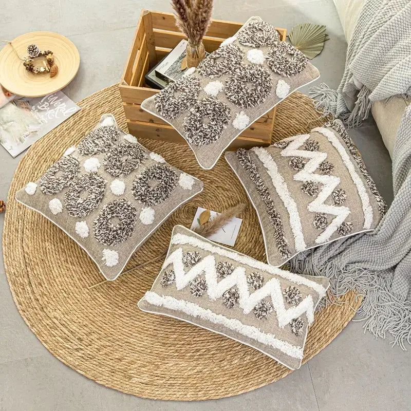 Boho style tufted beige & brown cushion cover living room pillow