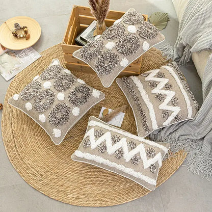 Boho style tufted beige & brown cushion cover living room pillow