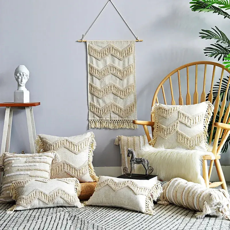 Boho style tufted cream cotton cushion cover for living room sofa