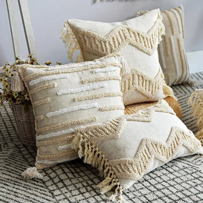 Boho style tufted cream cotton cushion cover for living room sofa